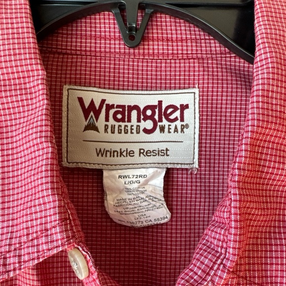 Wrangler Rugged Wear Wrinkle Resist Red Plaid Long Sleeve Button Down Mens Large - Picture 6 of 7